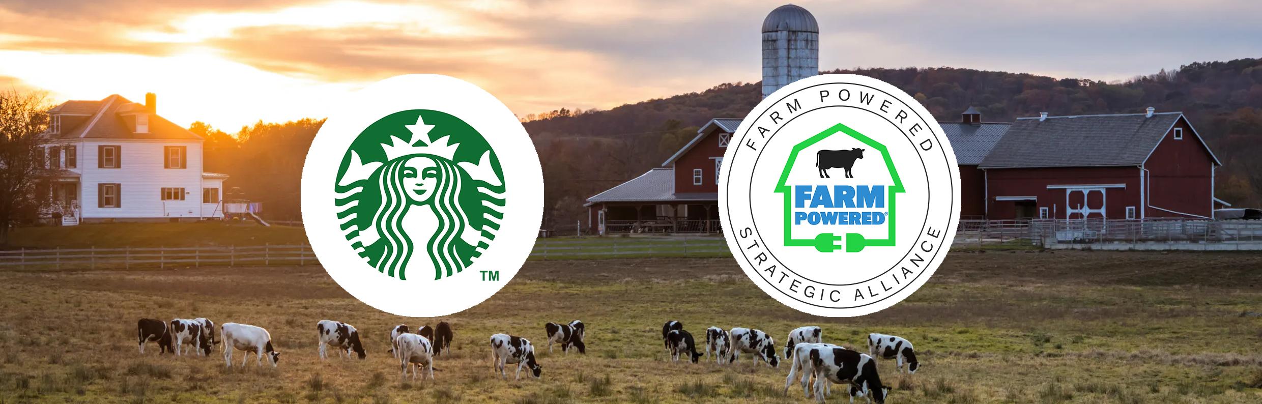 Logos of Starbucks and Farm Powered Strategic Alliance, with a background image of a farm using anaerobic digestion