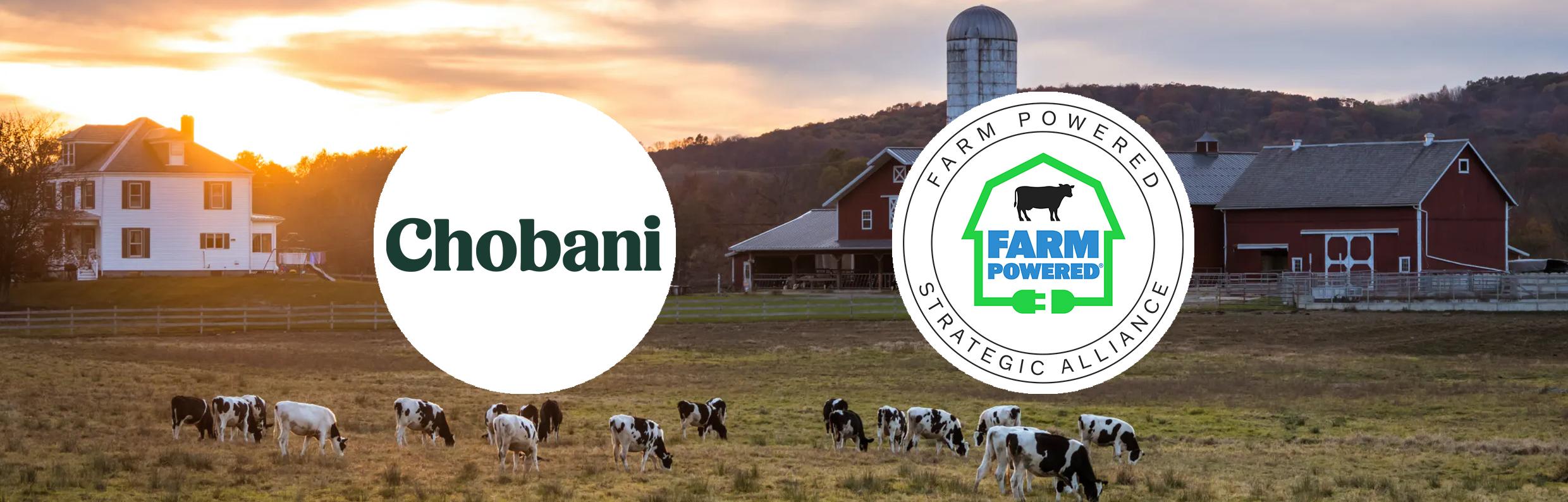 Logos of Chobani and Farm Powered Strategic Alliance, with a background image of a farm using anaerobic digestion
