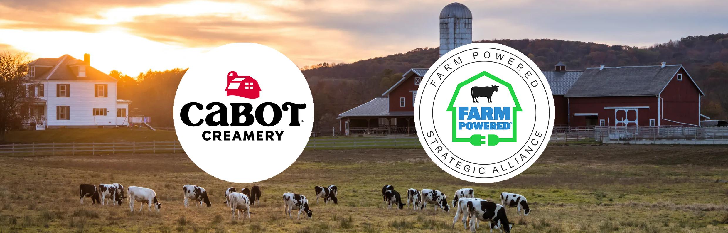 Logos of Cabot Creamery and Farm Powered Strategic Alliance, with a background image of a farm using anaerobic digestion