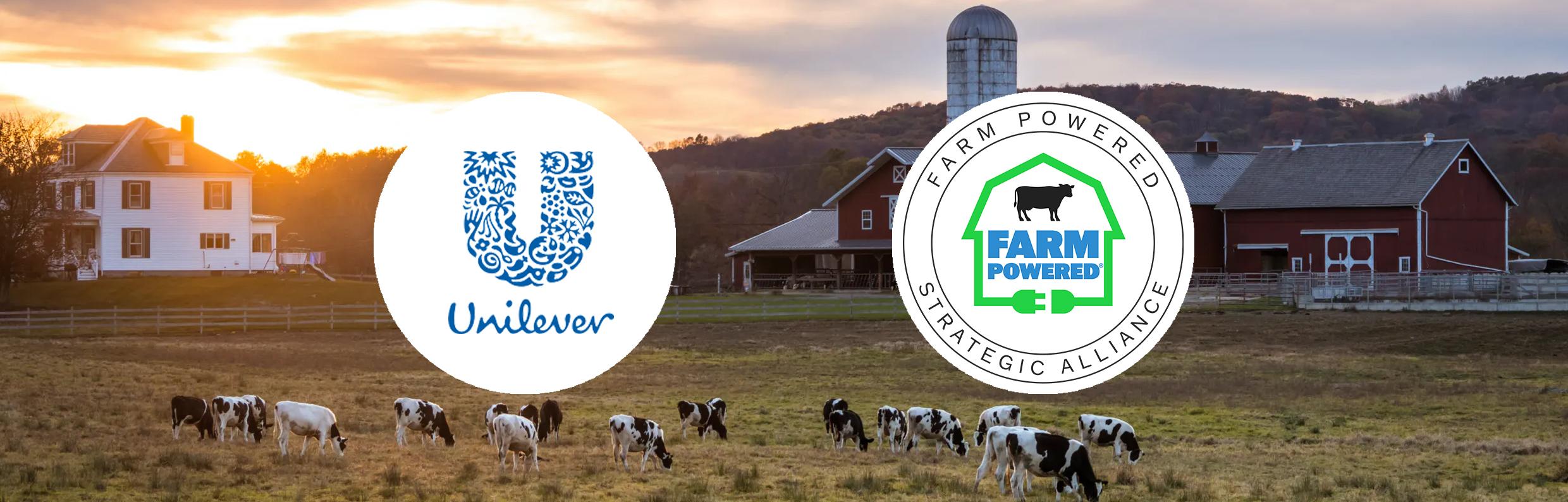 Logos of Unilever and Farm Powered Strategic Alliance, with a background image of a farm using anaerobic digestion