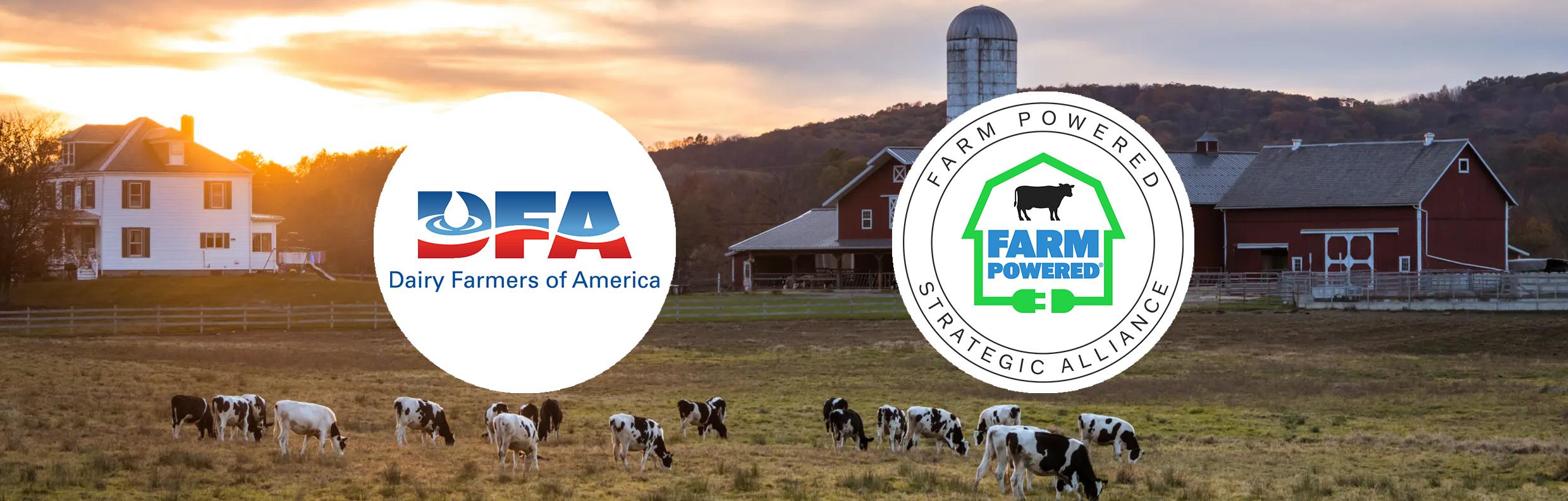 Logos of Dairy Farmers of America and Farm Powered Strategic Alliance, with a background image of a farm using anaerobic digestion