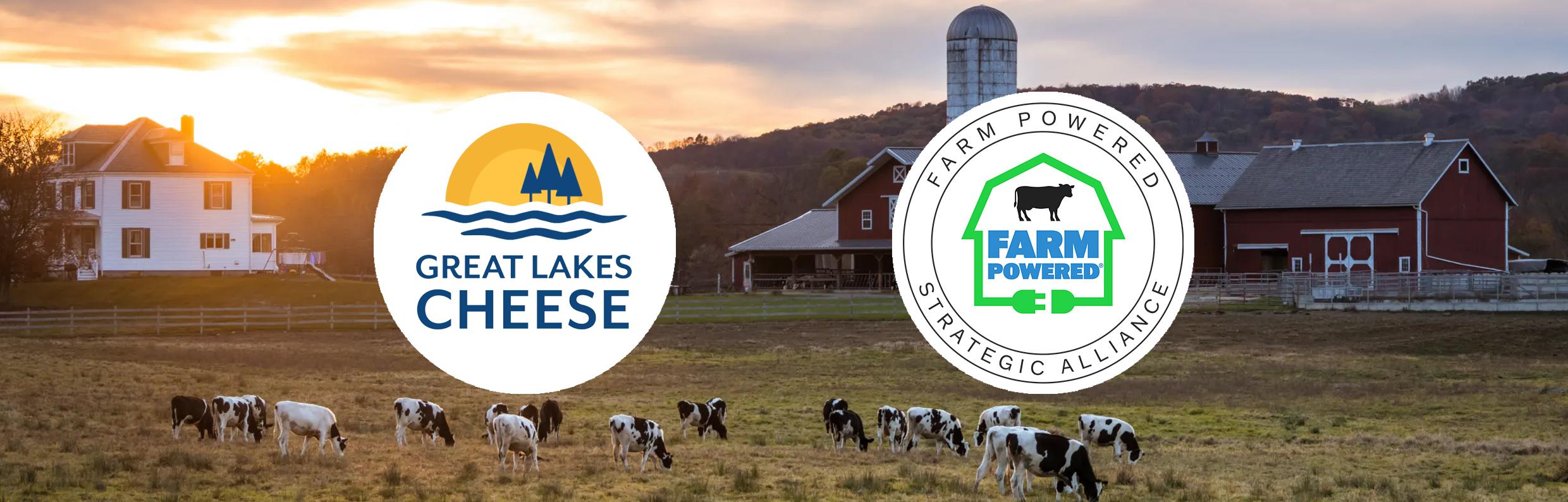 Logos of Great Lakes Cheese and Farm Powered Strategic Alliance, with a background image of a farm using anaerobic digestion