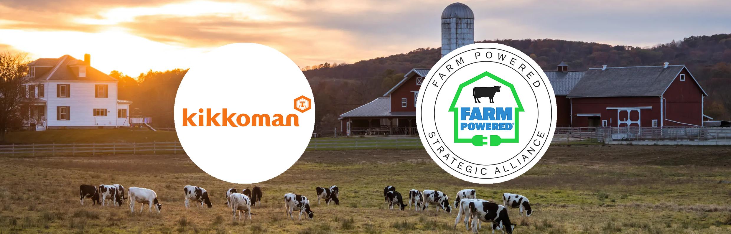 Logos of kikkoman and Farm Powered Strategic Alliance, with a background image of a farm using anaerobic digestion