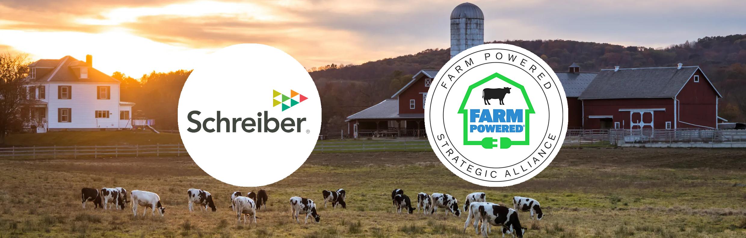 Logos of Schreiber and Farm Powered Strategic Alliance, with a background image of a farm using anaerobic digestion