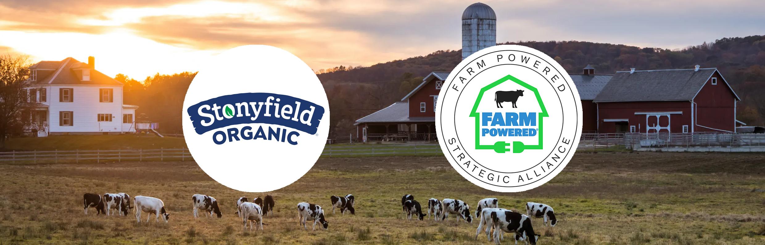 Logos of Stonyfield Organic and Farm Powered Strategic Alliance, with a background image of a farm using anaerobic digestion