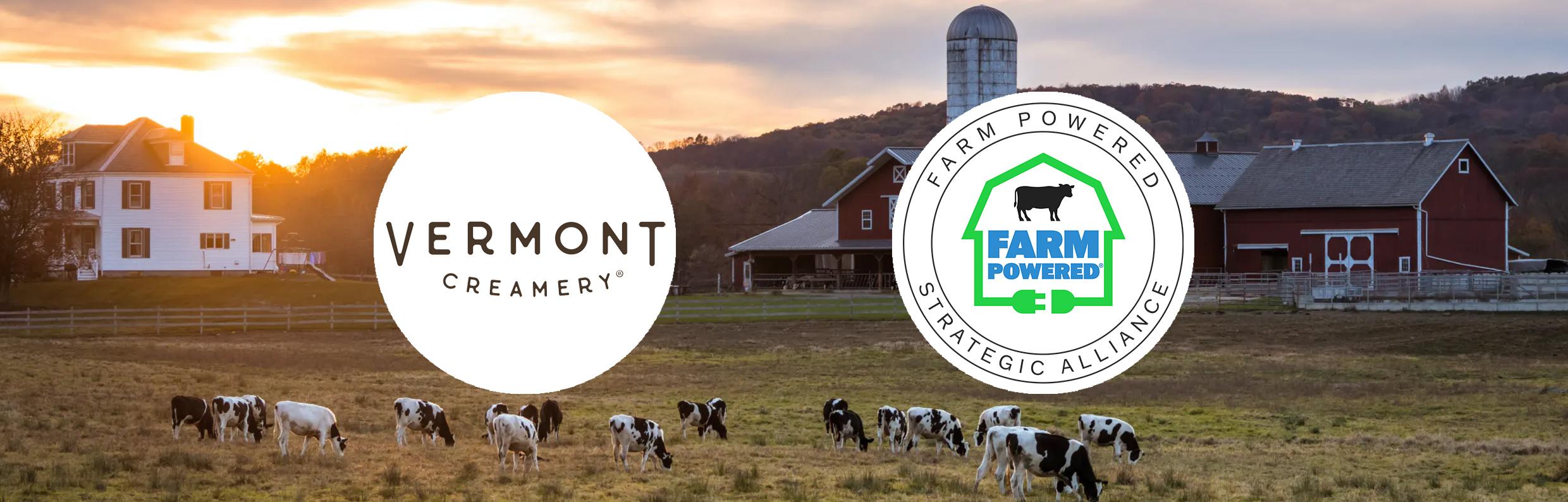 Logos of Vermont Creamery and Farm Powered Strategic Alliance, with a background image of a farm using anaerobic digestion