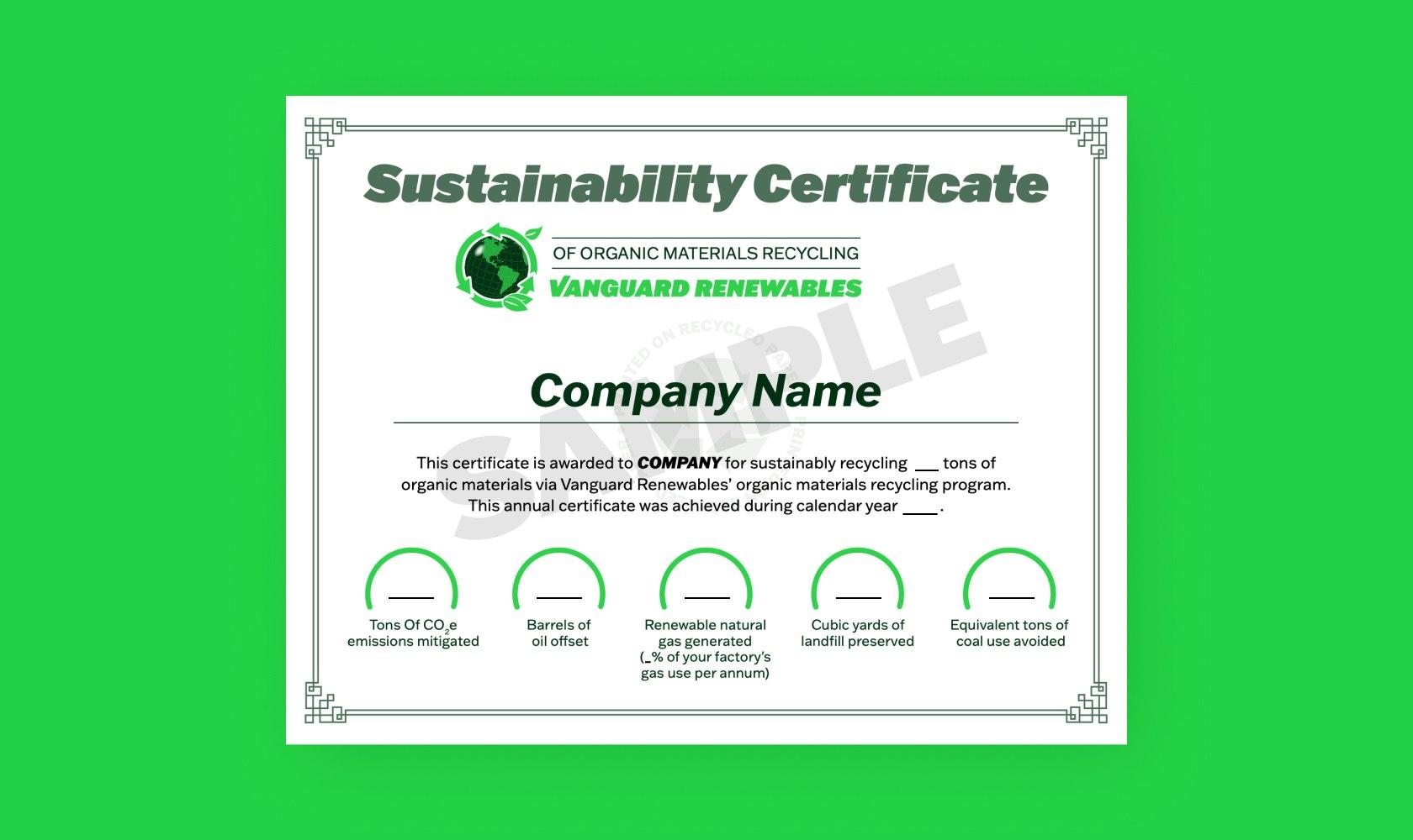 Sample sustainability certificate for commercial waste recycling, a food and beverage waste solution