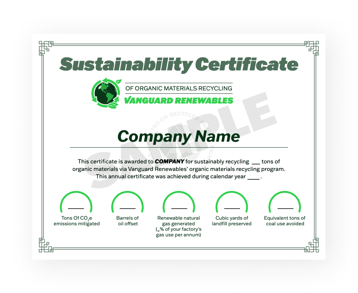 Sample sustainability certificate for commercial waste recycling, a food and beverage waste solution