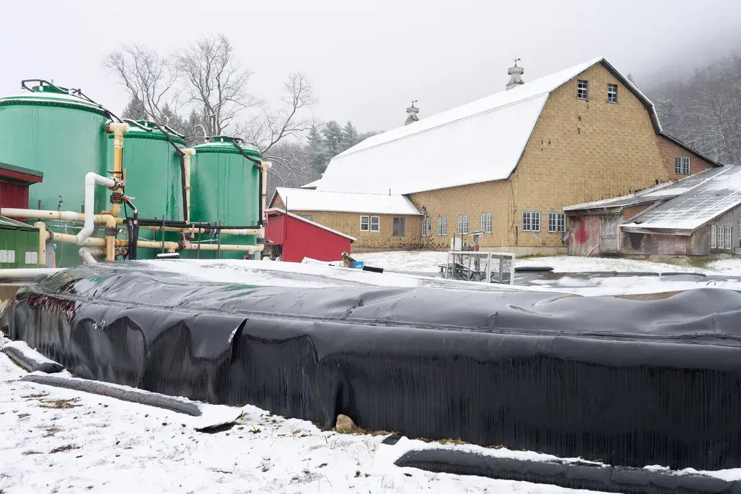 The black-covered digester on the Barstow property, first installed in 2013, was later expanded by Vanguard Renewables. David Degner